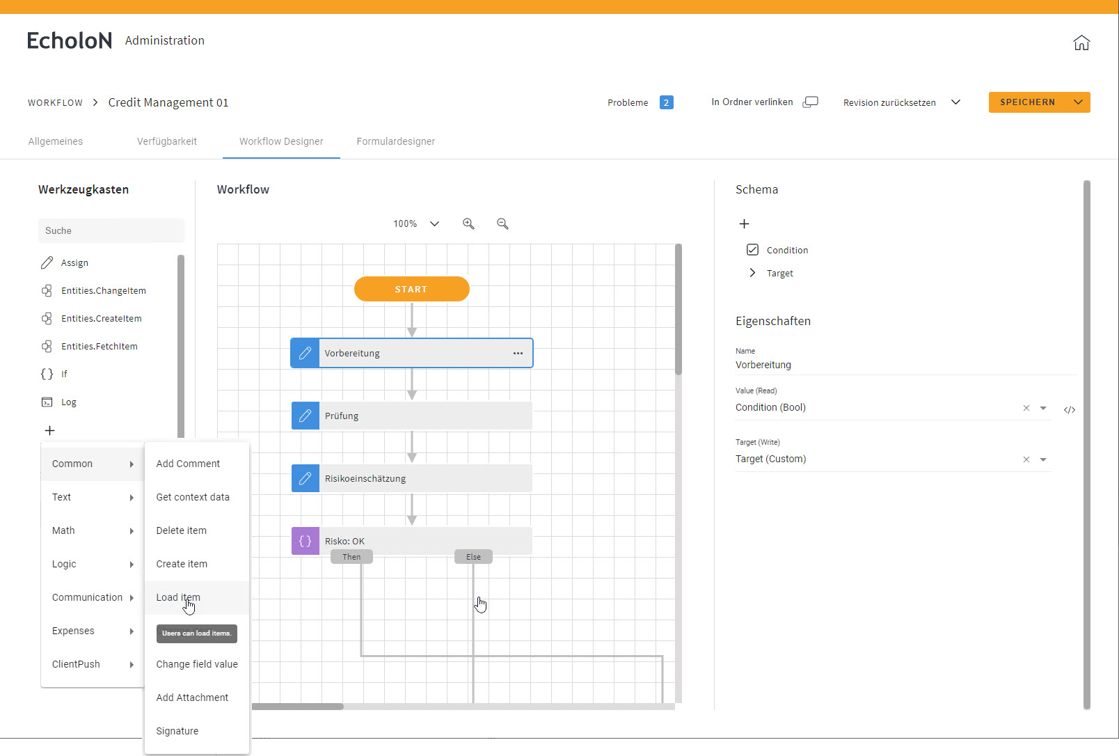 Screenshot: EcholoN Client Role: Administrator Workflow Design Light Color Scheme