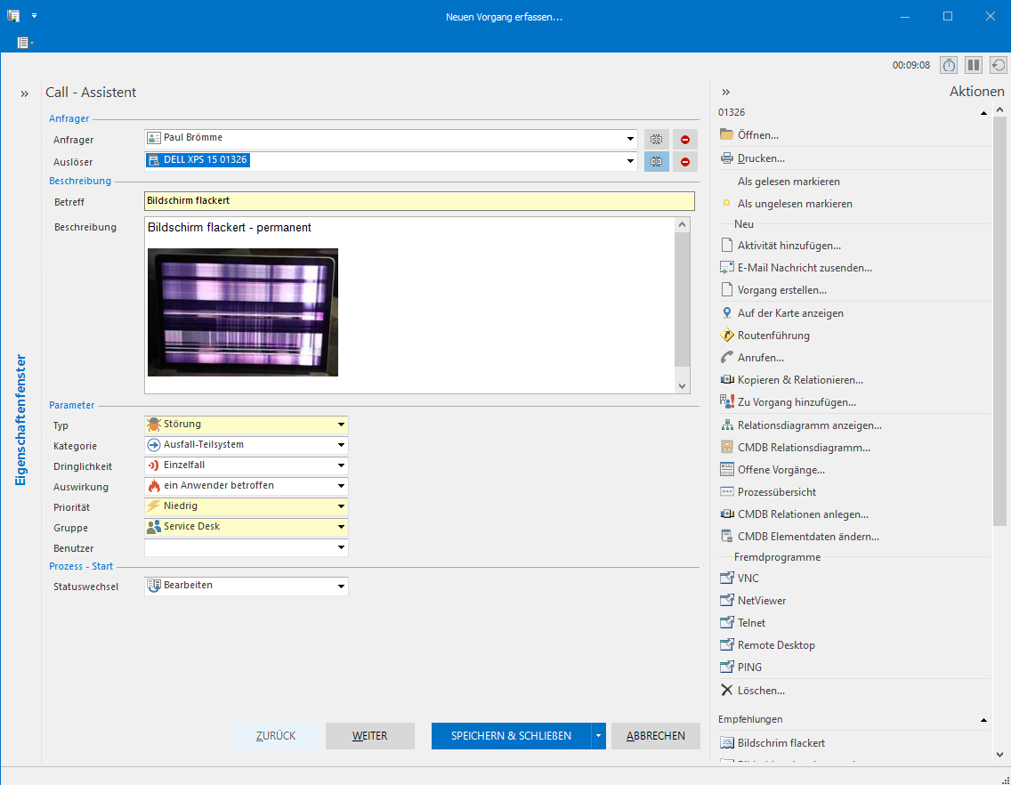 Screenshot: EcholoN Windows Client Business Process "Call Assistant" with Ticket Capture