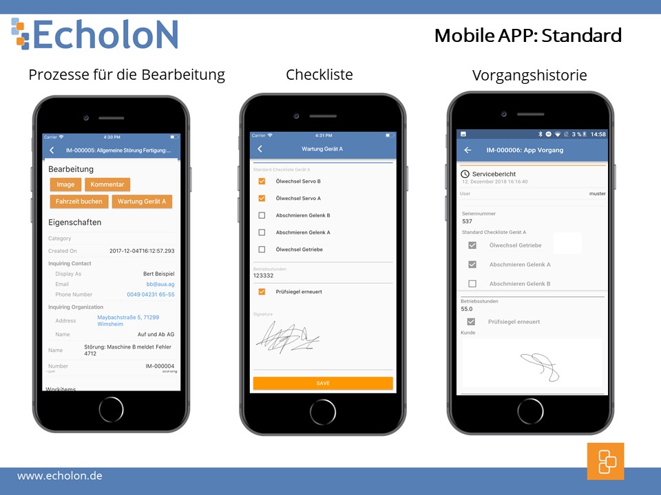 Screenshot EcholoN App offline Different editing views Role Service Technician